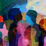 Group of diverse people profile view hand drawn silhouettes talking