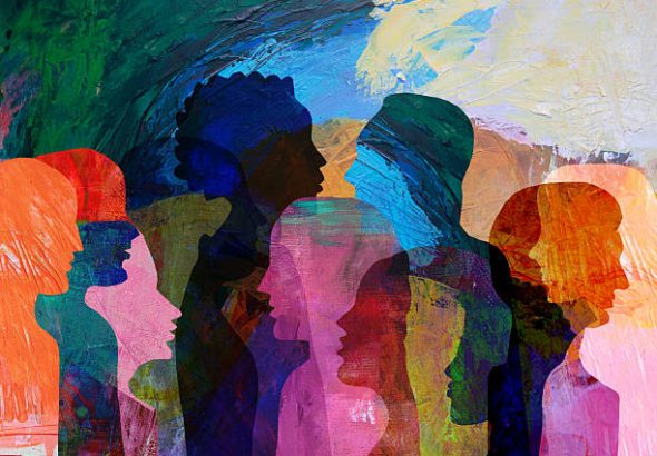 Group of diverse people profile view hand drawn silhouettes talking