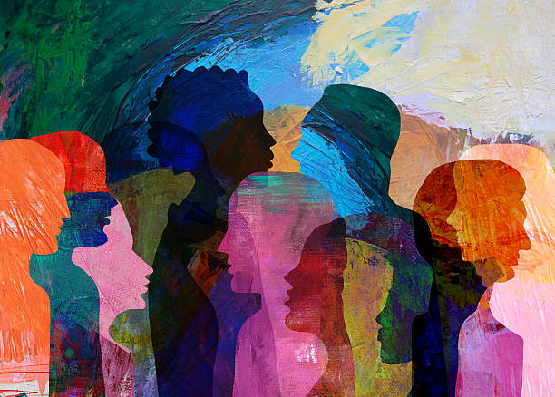 Group of diverse people profile view hand drawn silhouettes talking